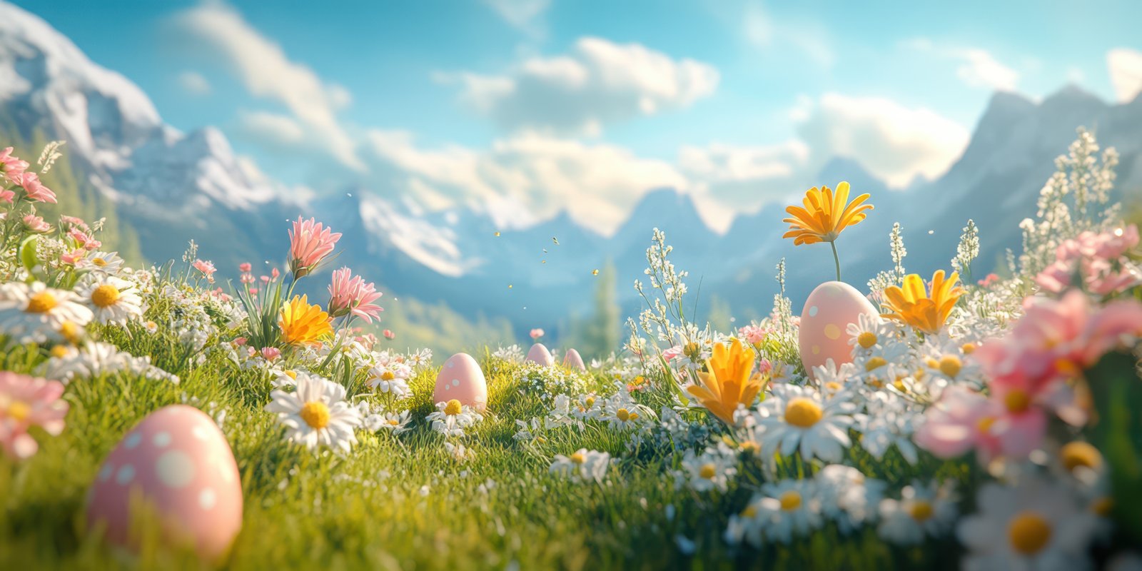 Colorful spring landscape with flowers and Easter eggs in a mountain meadow at sunrise